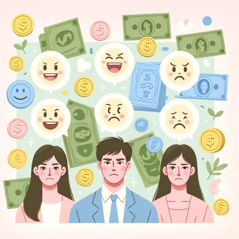 DALL·E 2024-05-06 13.44.59 - A square image in pastel tones depicting money with a few people displaying clear positive and negative emotions. The people should have distinct faci